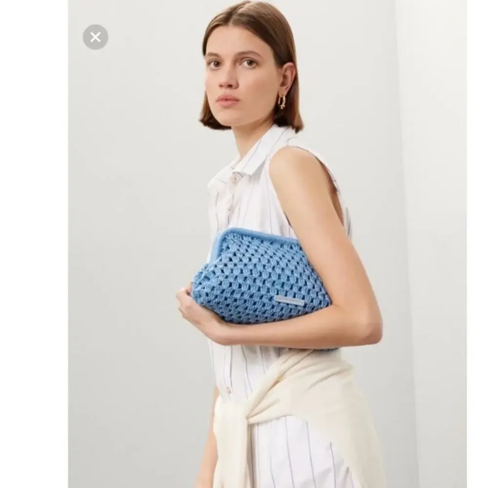 LOEFFLER RANDALL Light Blue Crochet Trudie Frame Gold Chain Clutch Purse Bag